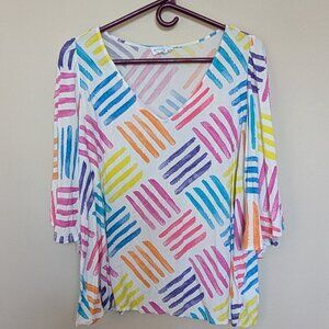 Emily Wonder 2X flowy bohemian rainbow blouse short sleeve EUC